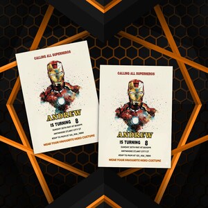 Editable Iron Man birthday invitation template with bold superhero design, perfect for boys’ parties. Instant download digital card that’s easy to customize with your child’s details. Superhero party invite ideal for Cricut or home printing. Fun, modern kids party template brings Marvel-inspired excitement to any celebration, making your child’s birthday unforgettable with heroic style.