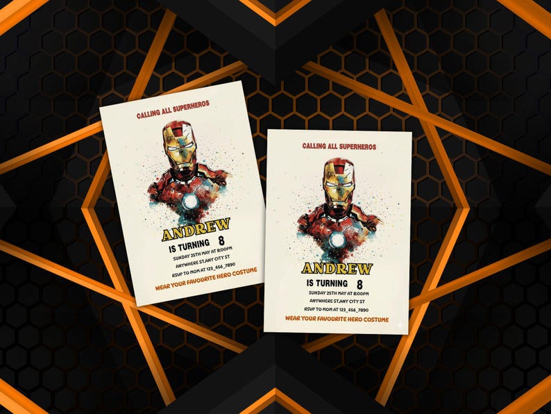 Editable Iron Man birthday invitation template with bold superhero design, perfect for boys’ parties. Instant download digital card that’s easy to customize with your child’s details. Superhero party invite ideal for Cricut or home printing. Fun, modern kids party template brings Marvel-inspired excitement to any celebration, making your child’s birthday unforgettable with heroic style.