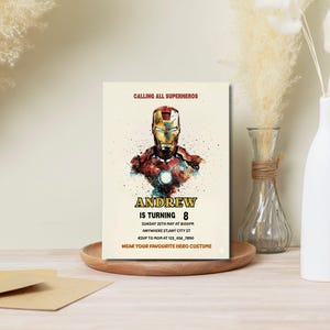 Editable Iron Man birthday invitation template with bold superhero design, perfect for boys’ parties. Instant download digital card that’s easy to customize with your child’s details. Superhero party invite ideal for Cricut or home printing. Fun, modern kids party template brings Marvel-inspired excitement to any celebration, making your child’s birthday unforgettable with heroic style.