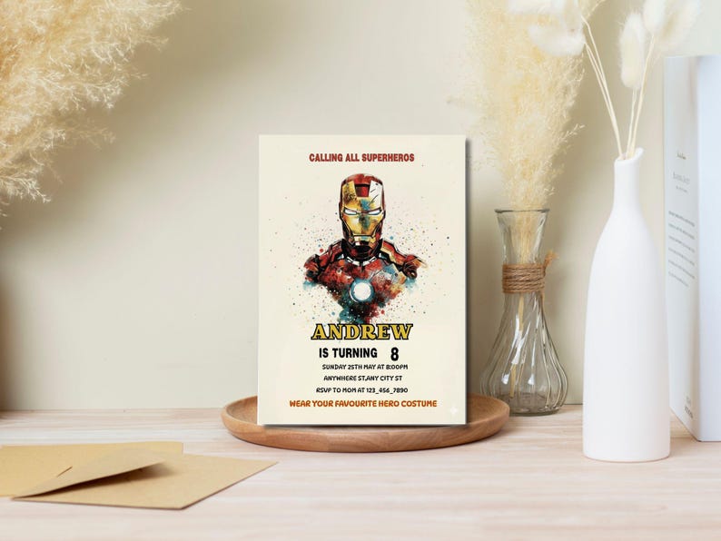 Editable Iron Man birthday invitation template with bold superhero design, perfect for boys’ parties. Instant download digital card that’s easy to customize with your child’s details. Superhero party invite ideal for Cricut or home printing. Fun, modern kids party template brings Marvel-inspired excitement to any celebration, making your child’s birthday unforgettable with heroic style.