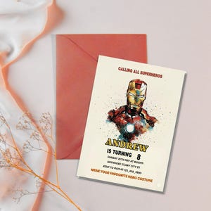 Editable Iron Man birthday invitation template with bold superhero design, perfect for boys’ parties. Instant download digital card that’s easy to customize with your child’s details. Superhero party invite ideal for Cricut or home printing. Fun, modern kids party template brings Marvel-inspired excitement to any celebration, making your child’s birthday unforgettable with heroic style.