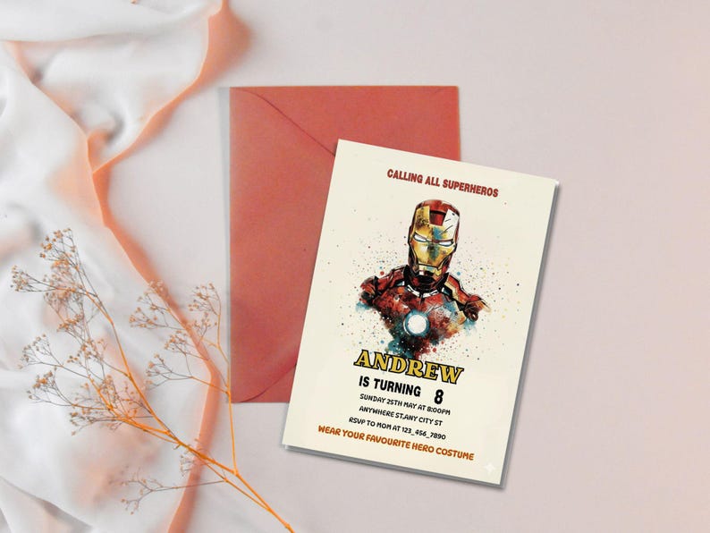 Editable Iron Man birthday invitation template with bold superhero design, perfect for boys’ parties. Instant download digital card that’s easy to customize with your child’s details. Superhero party invite ideal for Cricut or home printing. Fun, modern kids party template brings Marvel-inspired excitement to any celebration, making your child’s birthday unforgettable with heroic style.