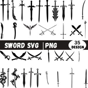Puede incluir: Una colección de 35 diseños de espadas negras en formatos SVG y PNG. La imagen presenta varios estilos de espadas, incluyendo diseños medievales, de fantasía y decorativos. El texto en la imagen dice "SWORD SVG | PNG" y "35 DESIGN".