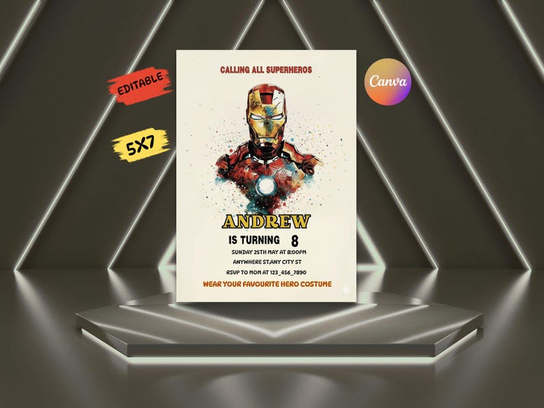 Editable Iron Man birthday invitation template with bold superhero design, perfect for boys’ parties. Instant download digital card that’s easy to customize with your child’s details. Superhero party invite ideal for Cricut or home printing. Fun, modern kids party template brings Marvel-inspired excitement to any celebration, making your child’s birthday unforgettable with heroic style.