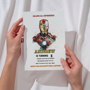 Editable Iron Man birthday invitation template with bold superhero design, perfect for boys’ parties. Instant download digital card that’s easy to customize with your child’s details. Superhero party invite ideal for Cricut or home printing. Fun, modern kids party template brings Marvel-inspired excitement to any celebration, making your child’s birthday unforgettable with heroic style.