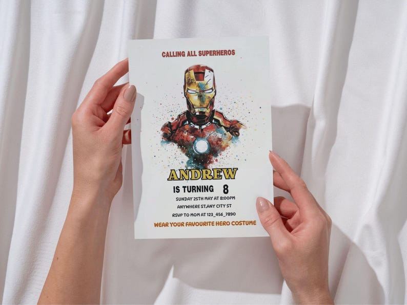Editable Iron Man birthday invitation template with bold superhero design, perfect for boys’ parties. Instant download digital card that’s easy to customize with your child’s details. Superhero party invite ideal for Cricut or home printing. Fun, modern kids party template brings Marvel-inspired excitement to any celebration, making your child’s birthday unforgettable with heroic style.