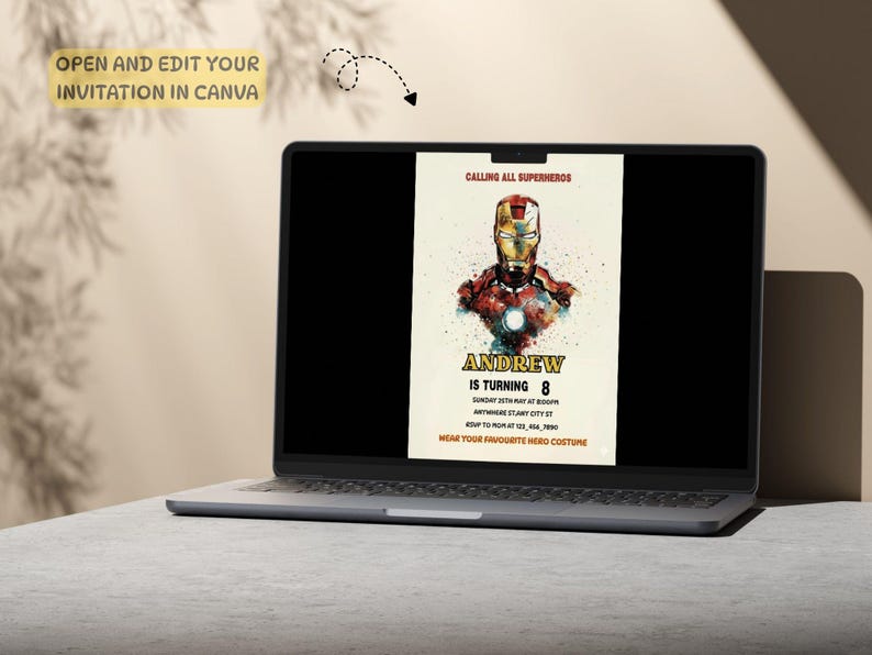 Editable Iron Man birthday invitation template with bold superhero design, perfect for boys’ parties. Instant download digital card that’s easy to customize with your child’s details. Superhero party invite ideal for Cricut or home printing. Fun, modern kids party template brings Marvel-inspired excitement to any celebration, making your child’s birthday unforgettable with heroic style.