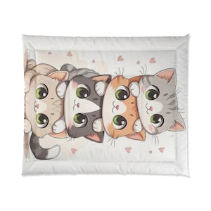 Cute Cat Comforter for Pet Lovers, Kid&#39;s Room Décor, Cozy Bedding, Gift for Cat Parents, Animal-Themed Bedroom