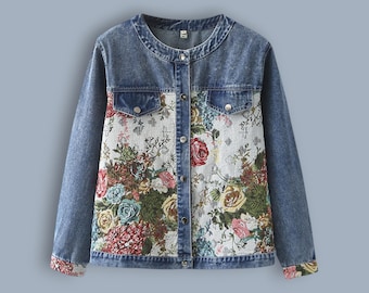 Floral Denim Jacket Women, Round Neck Button Up Coat, Artistic Pattern Casual Jacket, Long Sleeve Timeless Style