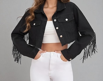 Black Cropped Fringe Jacket, Western Style Coat, Edgy Festival Outfit, Chic Outerwear, Trendy Cowgirl Top, Gift For Her
