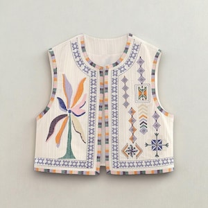 Folk Embroidered Vest, Sleeveless Open Front Cardigan with Geometric Floral Stitching, Boho Ethnic Layering Waistcoat, Gilet
