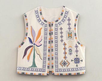 Folk Embroidered Vest, Sleeveless Open Front Cardigan with Geometric Floral Stitching, Boho Ethnic Layering Waistcoat, Gilet
