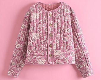 Pink Floral Quilted Jacket, Cropped Button-Up Jacket with Crew Neck & Long Sleeves, Lightweight Puff Coat for Fall Layering and Style