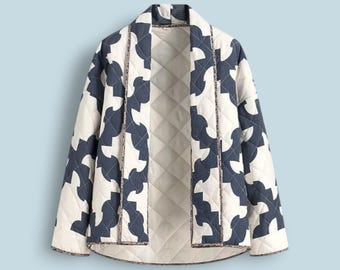 Blue White Quilted Jacket | Geometric Patterned Coat | Women's Open Front Spring Fall Outerwear
