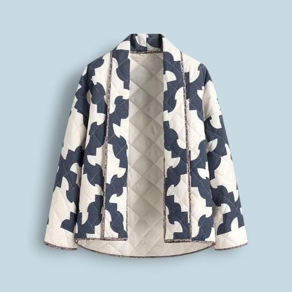 Niebiesko-biała pikowana kurtka | Płaszcz w geometryczny wzór | Damska odzież wierzchnia na wiosnę i jesień z odkrytym przodem