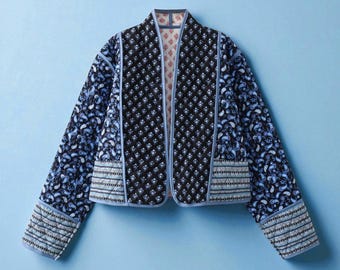 Patterned Quilted Cardigan, Collarless Jacket with Botanical Motifs, V-Neck Long Sleeve Outerwear for Women, Fall and Winter Jacket