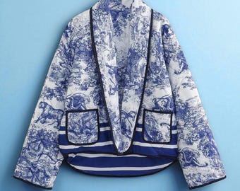 Blue Quilted Jacket, Artistic Open-Front Coat with Draped Collar & Patch Pockets, Medium Weight Boho Cardigan for Women