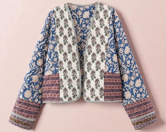 Boho Quilted Jacket, Cropped Open Front Cardigan with Mixed Floral & Geometric Print, V Neck, Contrast Trim, Thick Artisanal Layer