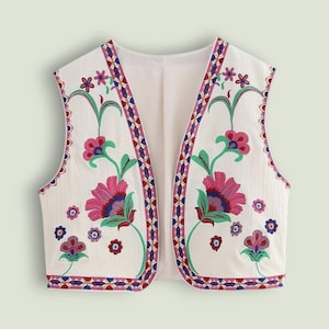 Embroidered Folk Vest, Sleeveless Cropped Cardigan with Floral Stitching & Scalloped Trim, Boho Layering Jacket for Women