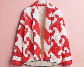 Red White Quilted Jacket | Geometric Patterned Coat | Women's Open Front Spring Fall Outerwear