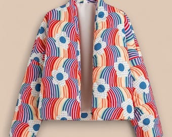 Floral Quilted Jacket, Open Front V-Neck Cardigan with Puffy Texture & Bold Stripe Flower Pattern, Medium Weight Outerwear