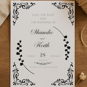 Elegant Black & White Wedding Save The Date Invitation - Printable Wedding Announcement Template - Editable Digital Download