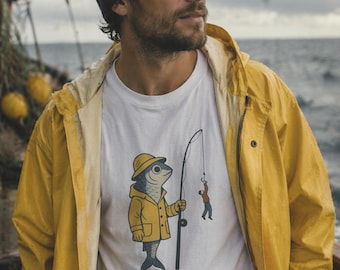 Fishing Fish Character Unisex Tee | Fisherman Cartoon fish fishing for a human | Outdoorsman | Vegan |