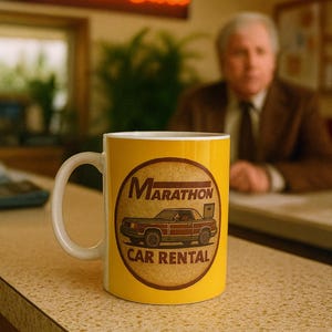 May include: Yellow ceramic mug with a white handle featuring a Marathon Car Rental logo. The logo includes a brown car illustration and the text "Marathon Car Rental". The background shows a blurred office setting.