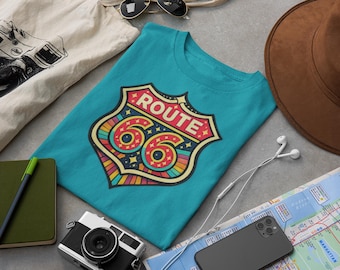 Route 66 Shield Retro Road Trip T-Shirt | 1960s Hippie Boho Graphic Tee