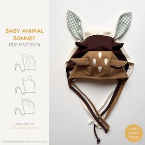 May include: A baby animal bonnet PDF pattern featuring text that reads BABY ANIMAL BONNET PDF PATTERN and AVAILABLE IN ENGLISH & FRENCH. The image displays three stacked fabric bonnets in cream, dark brown, and tan with white spots and ears.