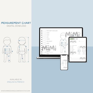 May include: A digital measurement chart for babies, displayed on a laptop, tablet, and phone. The chart includes diagrams and measurement points for various body parts. Text on the image includes "Measurement Chart," "Digital Download," and "Available in English & French."