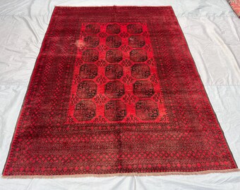 Antique 7x9 turkoman Ersari, Area Rug, Afghan Handmade Wool Area Rug, High Pile Faded Elephant foot design Turkmen Tribal Rug, | bedroom rug