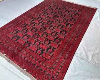 7x10 Gorgeous Red Black Ersari Vintage Rug Hand Knotted Soft Wool Afghan Tribal Design 6'9 x 9'9 ft Unique Oriental Art Carpet