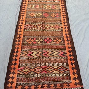 4 x 10 ft Long Runner Rug Afghan Handmade, Flatweave sumak Kilim design, Oriental Authentic Turkmen Tribal Rug, Kitchen Rug, Hallway Runner