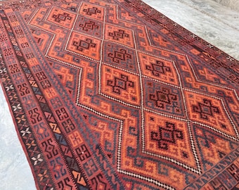 Vintage Afghan Kilim Rug, 8x13 Oversized, Flat Weave, One of a Kind, Tribal Geometric Design, Handwoven Wool Rug, Geometric Guestroom rug
