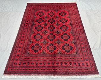 6 x 8 ft Vintage Afghan Hand-Knotted Rug | Turkoman Ersari Tribal Design | Soft Pile | One of a Kind Boho Home Decor | living room decor rug
