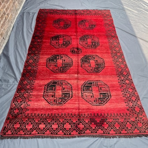 5x8 red rug | 1920s Antique Afghan Hand Knotted Baluchi Rug | Bukhara Style | Geometric Pattern | Low Pile Distressed Faded Rug, Bedroom rug