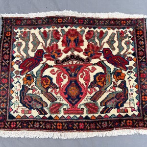 May include: Hand-knotted, rectangular rug with a cream field and a detailed border. The rug features a central design of birds and floral motifs in red, blue, and orange. The rug has a fringe on two sides.