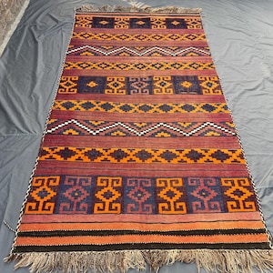 5x10 Antique Afghan Handwoven Flat Weave Kilim Rug Terracotta Tribal Geometric Pattern Rustic Farmhouse Wool Area Carpet | hallway & bedroom