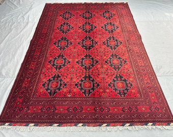 7 x 10 ft Vintage Afghan Hand-Knotted Rug | Turkmen Bukhara Geometric Design | Soft Pile | One of a Kind Large Red Rug living room decor rug