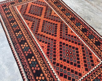 Afghan Hand Woven Flat Weave Kilim Rug, Vintage Tribal Design, Luxury Boho Décor, One of a Kind, Earthy Red Blue Tones Area Rug, Bedroom rug