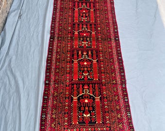 3 x 9 ft Vintage Afghan Hand-Knotted Runner | Turkoman Ersari Design | Soft Pile | One of a Kind Hallway or Entryway Rug | bedroom decor rug