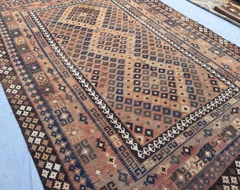 Antique Afghan Handmade Kilim Rug, 8'5 x 12'9 ft, Oversized Tribal Wool, Geometric Design, Vintage Flat Weave, Turkish Style Oriental Rug