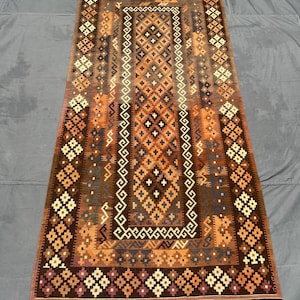 4x8 Antique Afghan Kilim Runner Rug, 1930s Flat Weave Terracotta Maimana Carpet Vintage Tribal Wool Rug, One of a Kind | farmhouse & bedroom