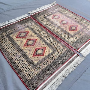 2&#39;1 x 3&#39;4 ft Antique Pakistani Rug | Low Pile Distressed Wool Carpet | Hand Knotted Bukhara Style | Faded Vintage Accent Rug | Pair Moss Rug