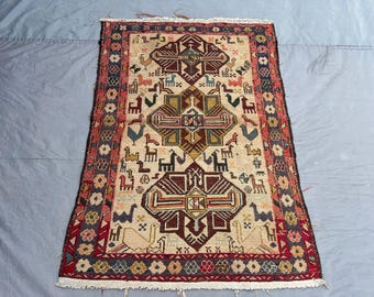 3 x 5 ft Vintage Afghan Handgewebter Flachgewebe Sumak Teppich | Seltenes bildliches Tierdesign | Einzigartige Tribal Boho Dekor | Weicher Wollteppich | Schlafzimmer Teppich