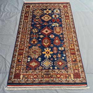 Afghan Hand Knotted Caucasian Rug | 4 x 7 Super Kazak Modern Wool Carpet | Vintage Tribal Oriental Design \ rug for modern living room