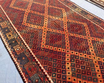 Antique Afghan Flat Weave Kilim Rug, 7'8 x 13 Oversized Oriental Area Rug, Rare Vintage, Handwoven Wool, Geometric Design, Living Room Rug