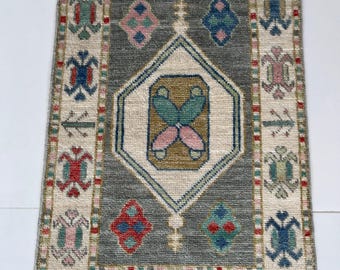 0,6 x 0,9 m, handknuten afghansk Oushak-matta, grå geometrisk medaljongullmatta med accentmotiv, dekorativ matta