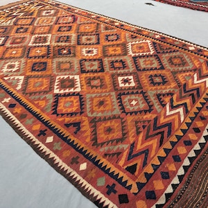 Alfombra Kilim afgana hecha a mano de 7x13 / Kilim de estilo turco de tejido plano antiguo / Kilim descolorido de color naranja raro / Alfombra tribal de lana para exteriores / Alfombra de piso